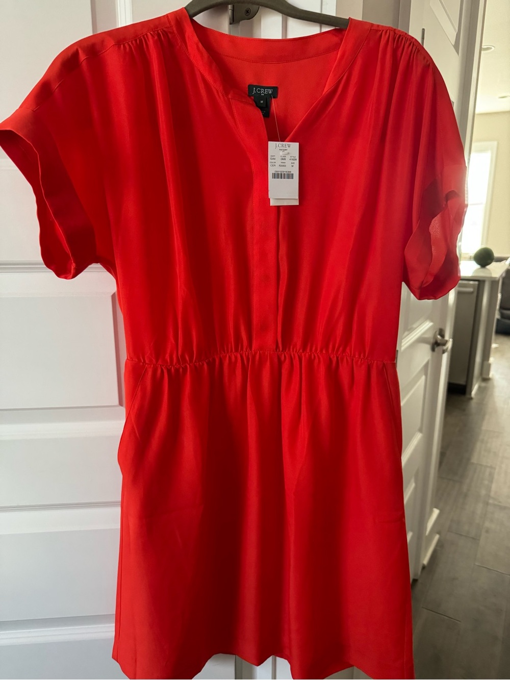 J. Crew Red/Orange Short Sleeve Gathered-Waist Mini Dress